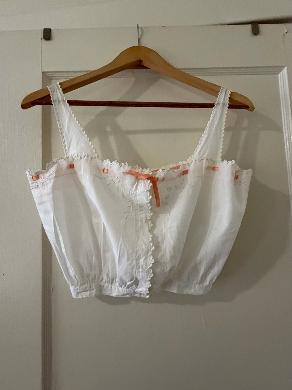 Antique 1900s White Cotton Camisole / Chemise Crochet Lace & Pink Ribbon